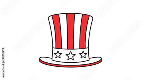 Iconic patriotic top hat with red and white stripes and blue star band represents the united states and uncle sam for national holidays.