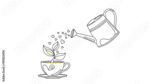 Whimsical line art illustration shows a watering can pouring little hearts onto a plant growing out of a delicate ceramic teacup on a saucer.