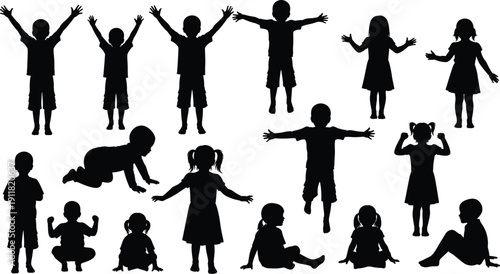 Children silhouettes collection, boys and girls playing jumping sitting and standing isolated on white background illustration set