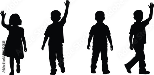 Children waving silhouettes set, happy kids standing and walking poses, boy and girl black vector illustration isolated