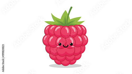 Cute raspberry character with a smiling face and small green leaves on top, representing fresh fruit and healthy eating in a kawaii style.