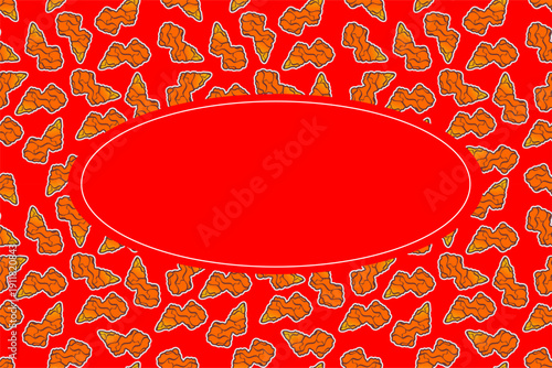 Fried chicken pattern frame background. Seamless fried chicken wings pattern frame. Chicken wing pattern frame. Fast food fried chicken frame design.