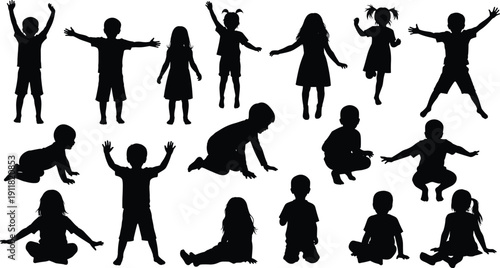 Children silhouettes collection, kids playing jumping sitting crawling poses black vector illustration isolated on white background