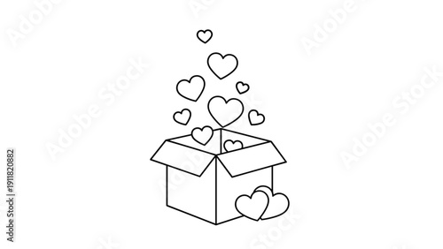Line drawing of a cardboard box with many hearts flying out, symbolizing a gift of love, charity, or a special romantic surprise delivery.