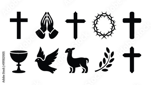 Collection of christian symbols including crosses dove lamb and crown of thorns on white background