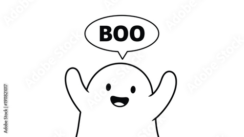 Illustration of a cute ghost waving its hands with a speech bubble saying BOO, perfect for child-friendly Halloween greeting cards.