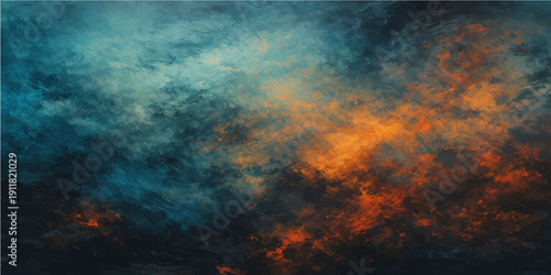 An abstract dark grunge background features a textured sky with blue clouds and a red fire flame explosion through space
