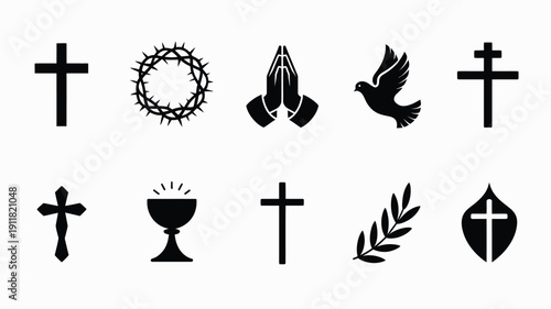 Collection of minimalist christian symbols and icons including crosses dove crown of thorns praying hands chalice and olive branch on white background for design and religious purposes