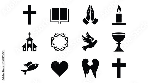 Minimalist christian symbols collection including crosses church book prayer hands candle dove chalice fish heart wings on white background for faith spirituality and religion concepts