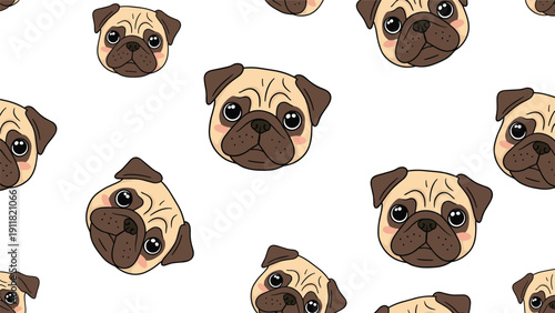 Pattern of pug dog heads with big eyes and cute expressions, creating a charming and repetitive design for animal lovers and pet brands.