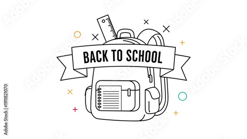 Back to school banner featuring a line drawing of a backpack with a ruler and notebook, representing the start of the new academic year.