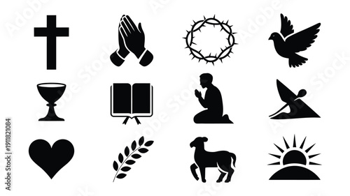 Collection of christian religious symbols and icons in black silhouette on white background representing faith and spirituality