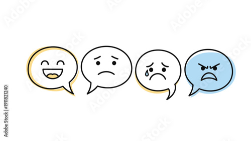 Sequence of four emoji-style speech bubbles showing different emotions from happy to angry, representing a range of human feelings.