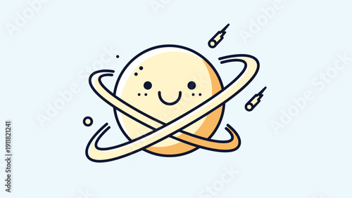 Smiling planet Saturn character with rings and shooting stars around it, creating a cute and friendly space-themed celestial illustration.