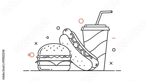 Fast food illustration featuring a burger, hot dog, and soda cup in a modern line art style, representing a quick meal and snack icons.