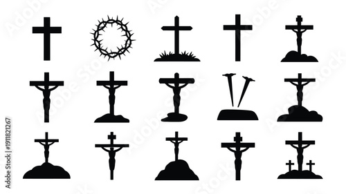 Collection of cross silhouettes and christian symbols on white background for design and religious themes