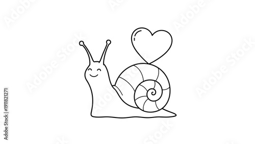 Cute snail character with a heart-shaped shell shown in a simple line drawing, symbolizing slow living, love for nature, and affection.