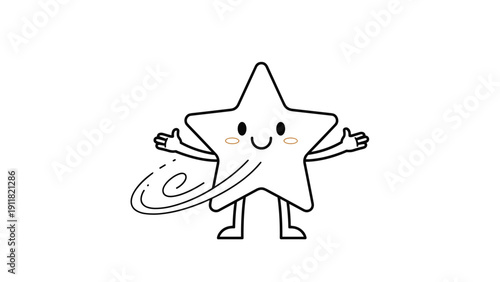 Happy cartoon star character with legs and arms creates a strong gust of wind in this simple line art illustration for kids.
