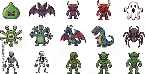 Collection of various pixel art fantasy role playing game monsters including slime bat demon ghost hydra dragon skeleton and goblin characters