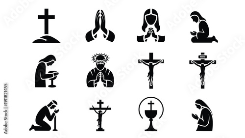 Collection of 12 minimalist black vector christian icons and symbols including crosses praying figures and chalices on white background for design and religious themes