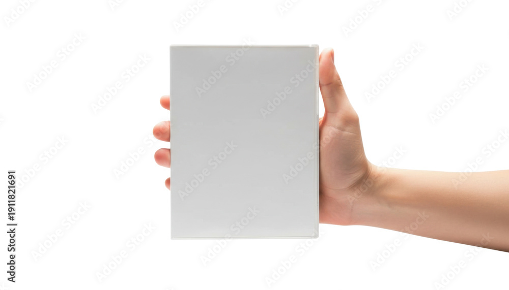 Fototapeta premium Hand holding a blank rectangular white box with a matte finish, isolated on white background