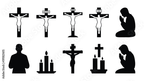 Good friday religious symbols and silhouettes crucifix praying figures and candles on white background representing faith and spirituality