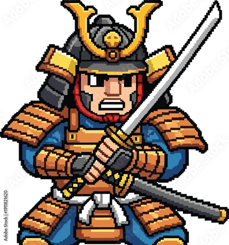 Fierce pixelated samurai warrior character wearing traditional armor and holding a sharp katana sword ready for battle against enemies