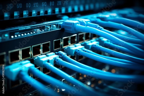 Wallpaper Mural Blue ethernet cables plugged into a data center network switch Torontodigital.ca