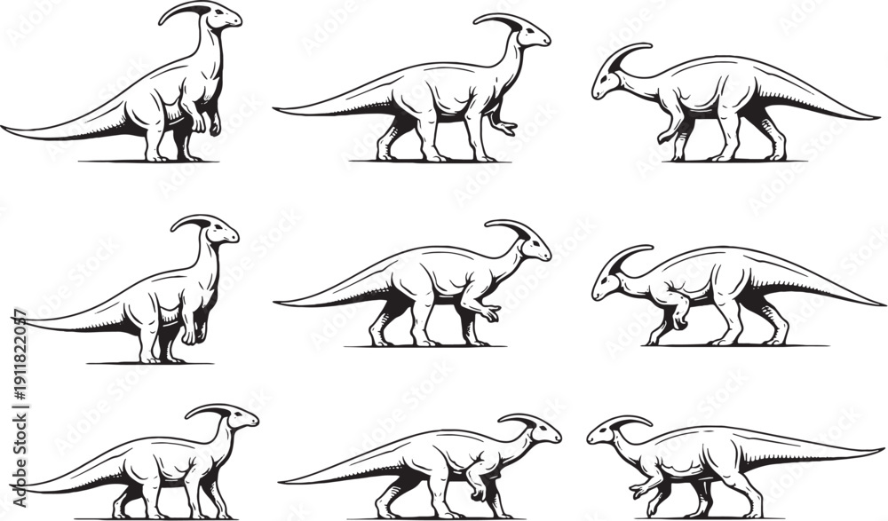 Fototapeta premium Parasaurolophus Dinosaur Line Art Bundle icon eps
