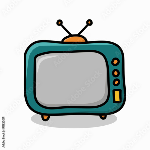 Vintage cartoon TV with antennae and dials in teal and orange hues