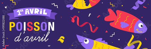 Bannière horizontale violette pour le Poisson d’avril avec poissons illustrés et confettis. Idéale pour réseaux sociaux, site web et communication événementielle du 1er avril.