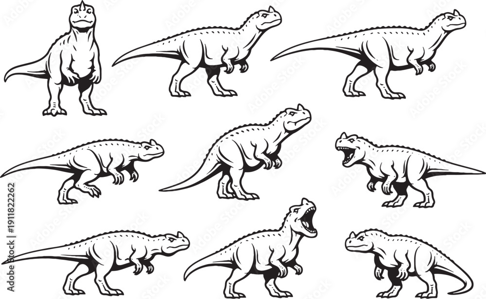 Naklejka premium Majungasaurus Dinosaur Line Art Bundle High-Contrast Vector Icons