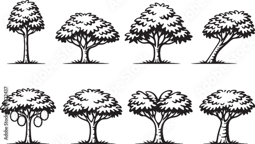 Durian Tree Line Art Icon Bundle Black and White