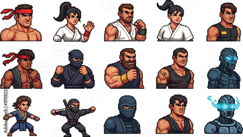 Collection of diverse pixel art fighting game portraits featuring various martial artists ninjas and futuristic robotic characters ready for action