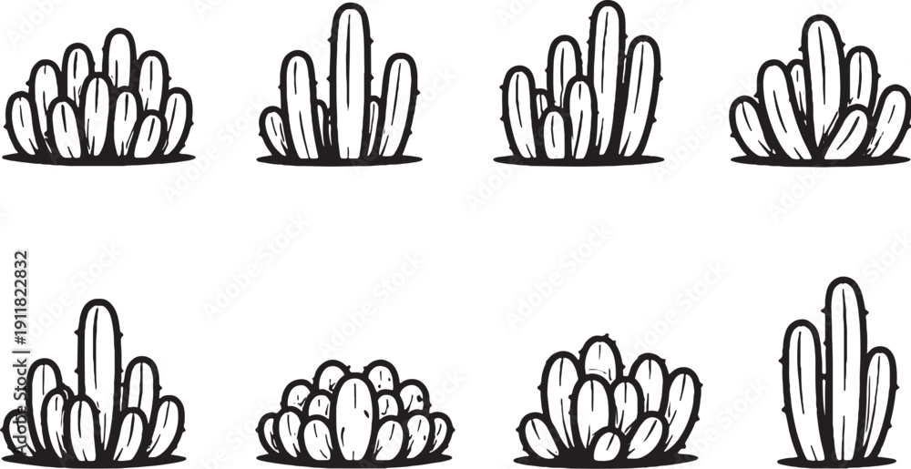 Fototapeta premium Desert Cactus Clump Line Art Bundle Columnar Cactus