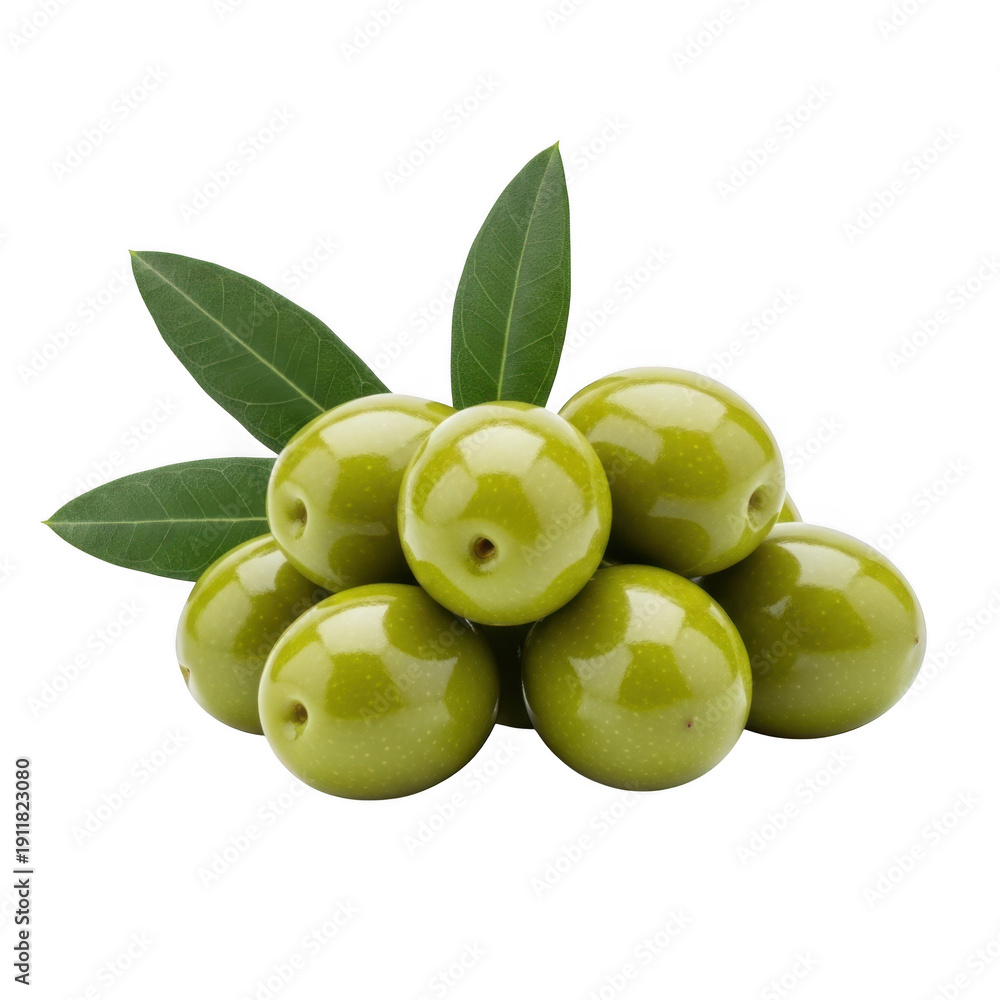 Obraz premium Fresh green olives with leaves on a black background fruit food