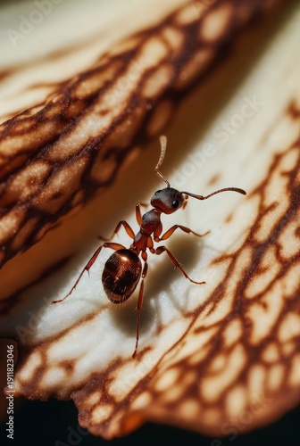 Close-up of an ant on a textured flower petal in natural setting