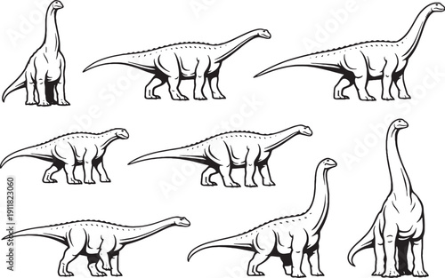 Argentinosaurus Dinosaur Line Art Bundle High-Contrast Vector Icons