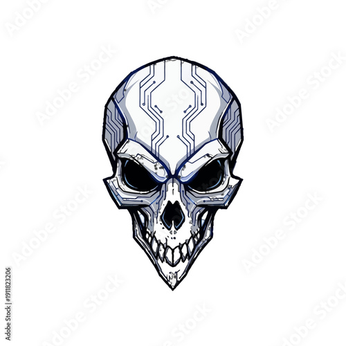 Futuristic Skull Head with Cybernetic Circuit Patterns on Isolated White Background