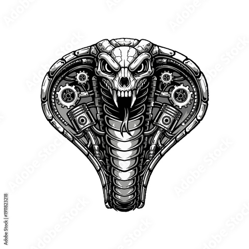 Dangerous Mechanical Cobra Snake Head with Gears and Teeth on Isolated White Background