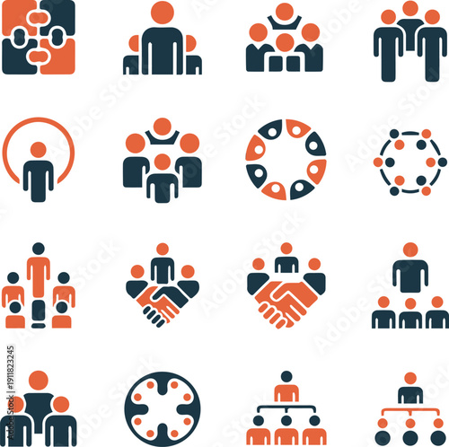 Business Teamwork and Organization Structure Icon Set - Collaboration, Leadership, and Partnership Symbols