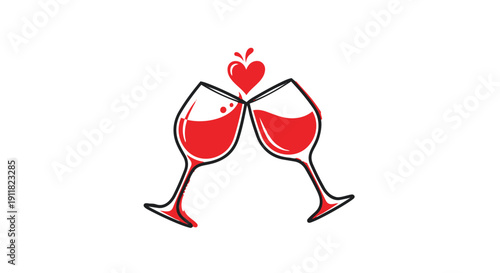 Two wine glasses with red wine and a heart