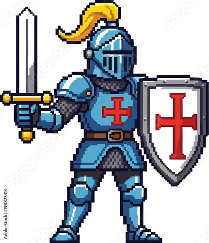 Pixelated crusader knight in bright blue armor stands ready for battle holding a shining silver sword and a heraldic shield emblazoned with a red cross symbol.