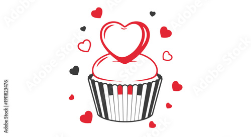 A cute cupcake with a red heart on top and smaller hearts around it