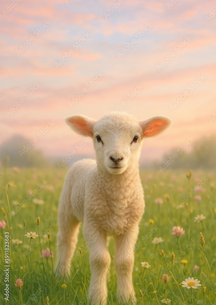 Obraz premium Cute lamb in serene meadow.