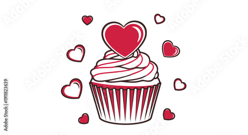 A cute cupcake with a heart on top and hearts around it