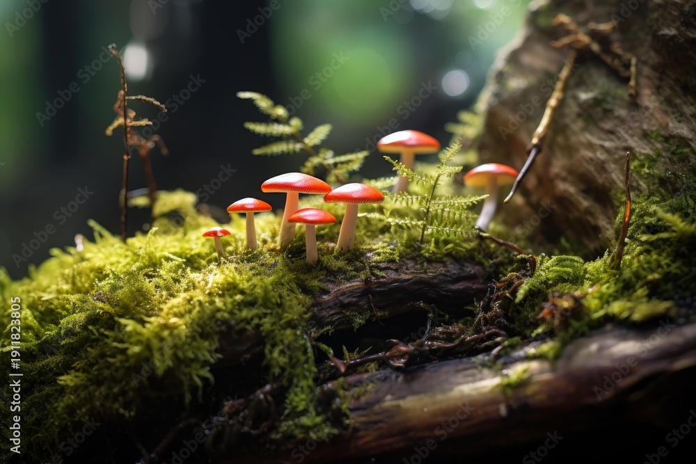 Obraz premium Small red mushrooms thriving on green moss covering a decaying log in a forest