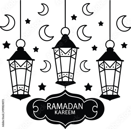 Ramadan Kareem black and white vector illustration with hanging lanterns, crescent moons, and stars in line art style.