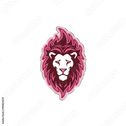 Stylized Pink Lion Head with Fiery Mane, Roaring Face, isolated white background.