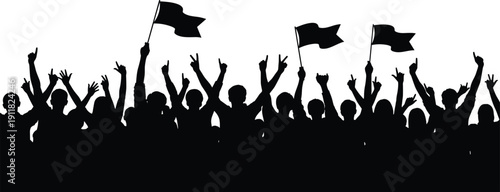 Protest crowd silhouette, people raising hands and flags at rally, demonstration vector illustration isolated on white background